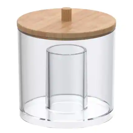 Front. Elle - Acrylic Cotton Ball and Swab Organizer with Bamboo Lid, Clear Qtips Dispenser, Easy Refill Jar, Vanity Organizer - Clear/Natural Bamboo.