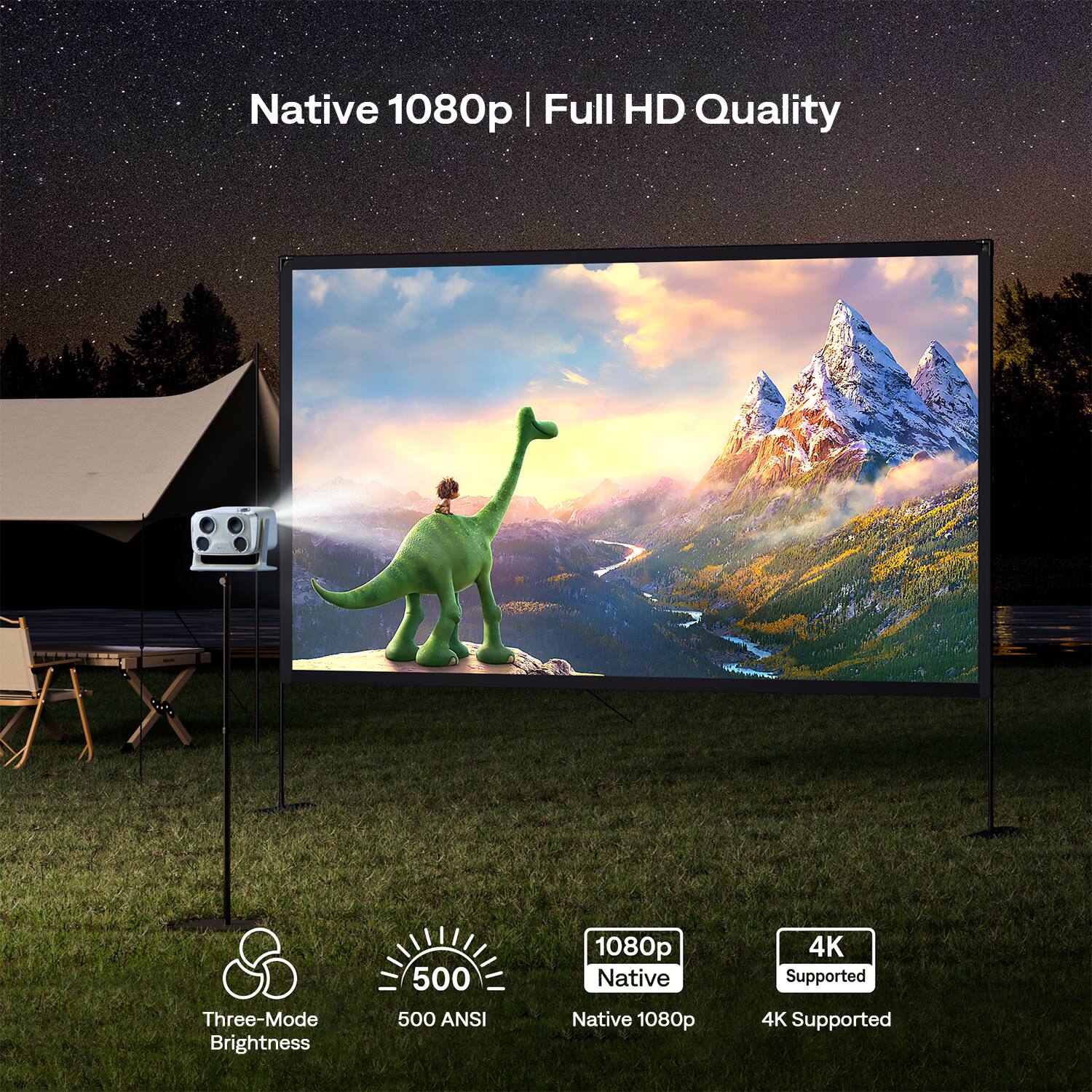Native 1080p | Full HD Quality  
Three-Mode Brightness  
500 ANSI  
1080p Native  
4K Supported