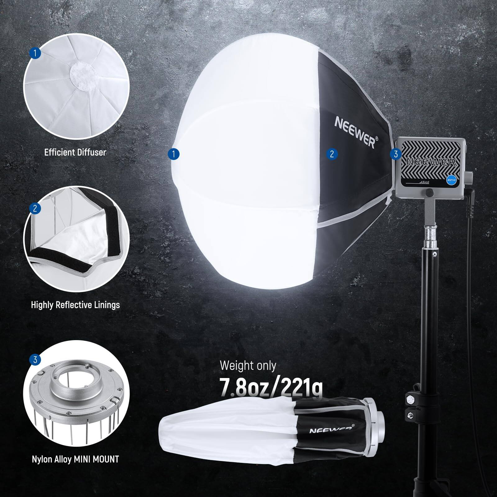 1. Efficient Diffuser  
2. Highly Reflective Linings  
3. Weight only 7.8oz/221g  
4. Nylon Alloy MINI MOUNT