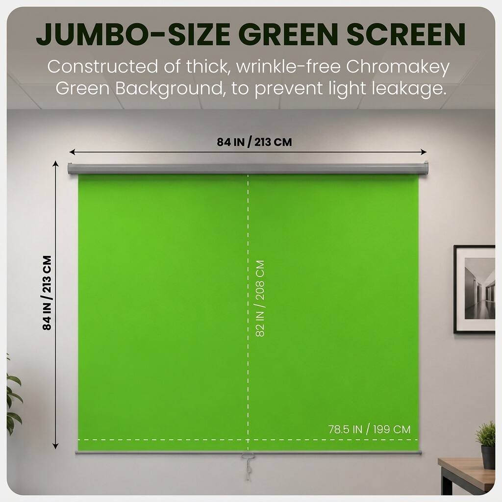 JUMBO-SIZE GREEN SCREEN  
Constructed of thick, wrinkle-free Chromakey Green Background, to prevent light leakage.  

84 IN / 213 CM  
82 IN / 208 CM  
78.5 IN / 199 CM