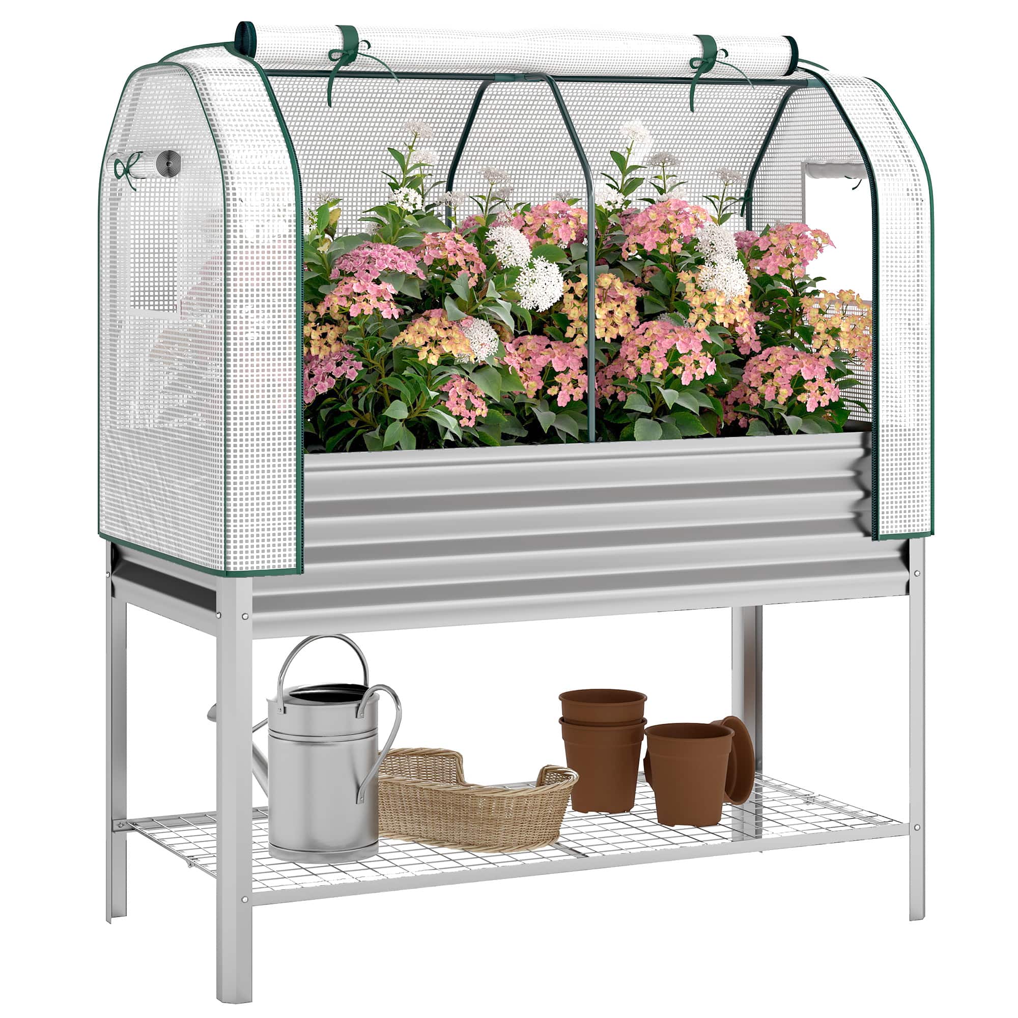 Outsunny - Galvanised Raised Garden Bed with Greenhouse Cover, Metal Elevated Garden Bed with Legs, Bed Liner and Bottom Shelf