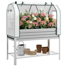 Outsunny - Galvanised Raised Garden Bed with Greenhouse Cover, Metal Elevated Garden Bed with Legs, Bed Liner and Bottom Shelf