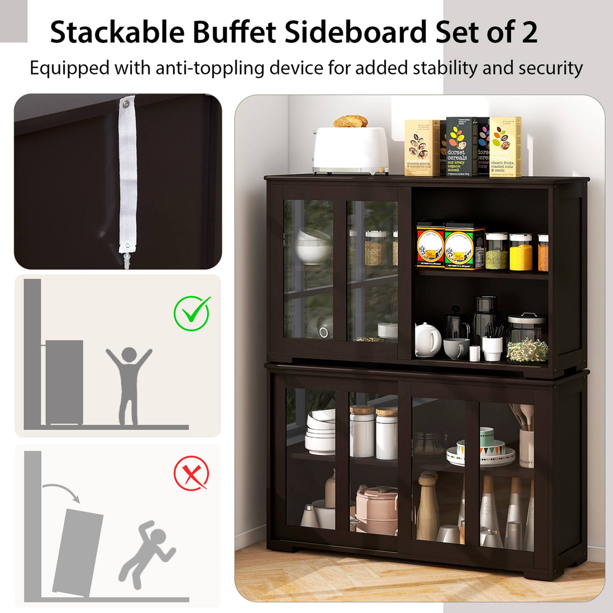 Stackable Buffet Sideboard Set of 2 Equipped with anti-toppling device for added stability and security.
