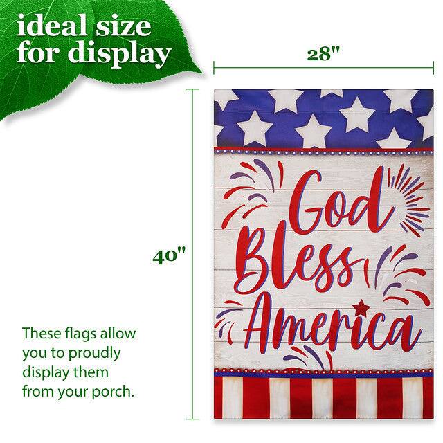 Ideal size for display: 28" x 40"  
God Bless America  
These flags allow you to proudly display them from your porch.
