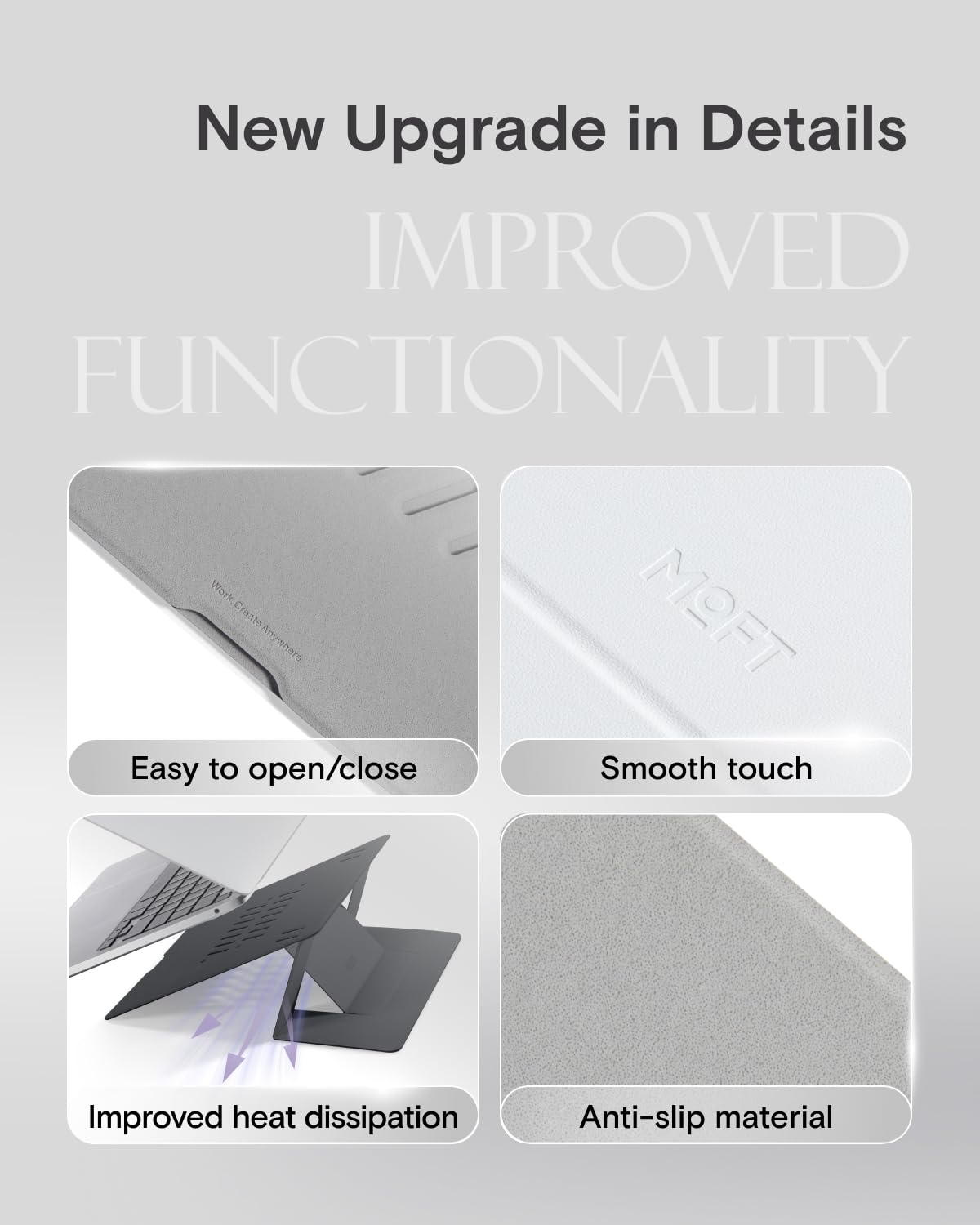 New Upgrade in Details  
IMPROVED FUNCTIONALITY  

- Easy to open/close  
- Smooth touch  
- Improved heat dissipation  
- Anti-slip material