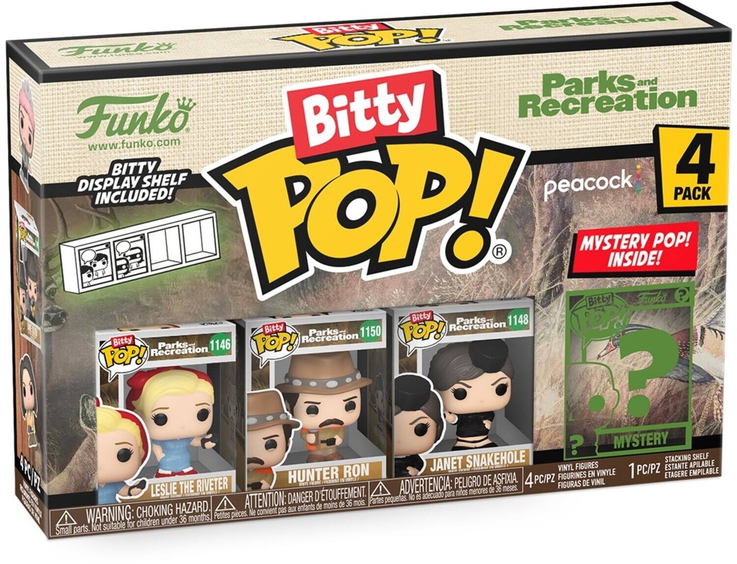 Parks and Recreation, Funko, Bitsy, Recreation, www.funko.com, Display shelf, included!, Peacock, pack, Bitsy, POP!, R, Mystery, inside!, Funko, Pop!, Bitsy, Parks, 1148, 1150, 1146, FOP!, Snakehole, Stacking shelf, Ron, Vinyl figures, 1 PC/PZ, Estante aplicable, empilable, figurines en vinil, figuras de vinil, figurines en vinyl, figuras de vinil, 4 PC/PZ, 1 PC/PZ, 4 PC/PZ, 1 PC/PZ, Snakehole, Hunter, Ron, Leslie, Riveter, ASFIXIA, DANGER, D'ÉTOUFFEMENT, PELIGRO DE ASFIXIA, ATTENTION: CHOKING HAZARD, PARTINES PEQUEÑAS, Not suitable for children under 36 months, Partes pequeñas, Not suitable for children under 36 months, Partes pequeñas, Small parts, Not suitable for children under 36 months, Partes pequeñas, No es adecuado para ninos menores de 36 meses, No conviene para ninos menores de 36 meses, aux entants de moins de 36 mois, Partes pequeñas, aux entants de moins de 36 mois.