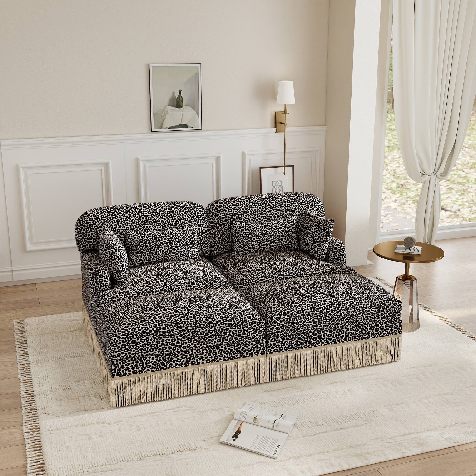 Left. Anysun - Modular Comfy Leopard Printing Loveseat with Exquisite Tassel Trimmings and 2 Movable Ottomans - khaki.