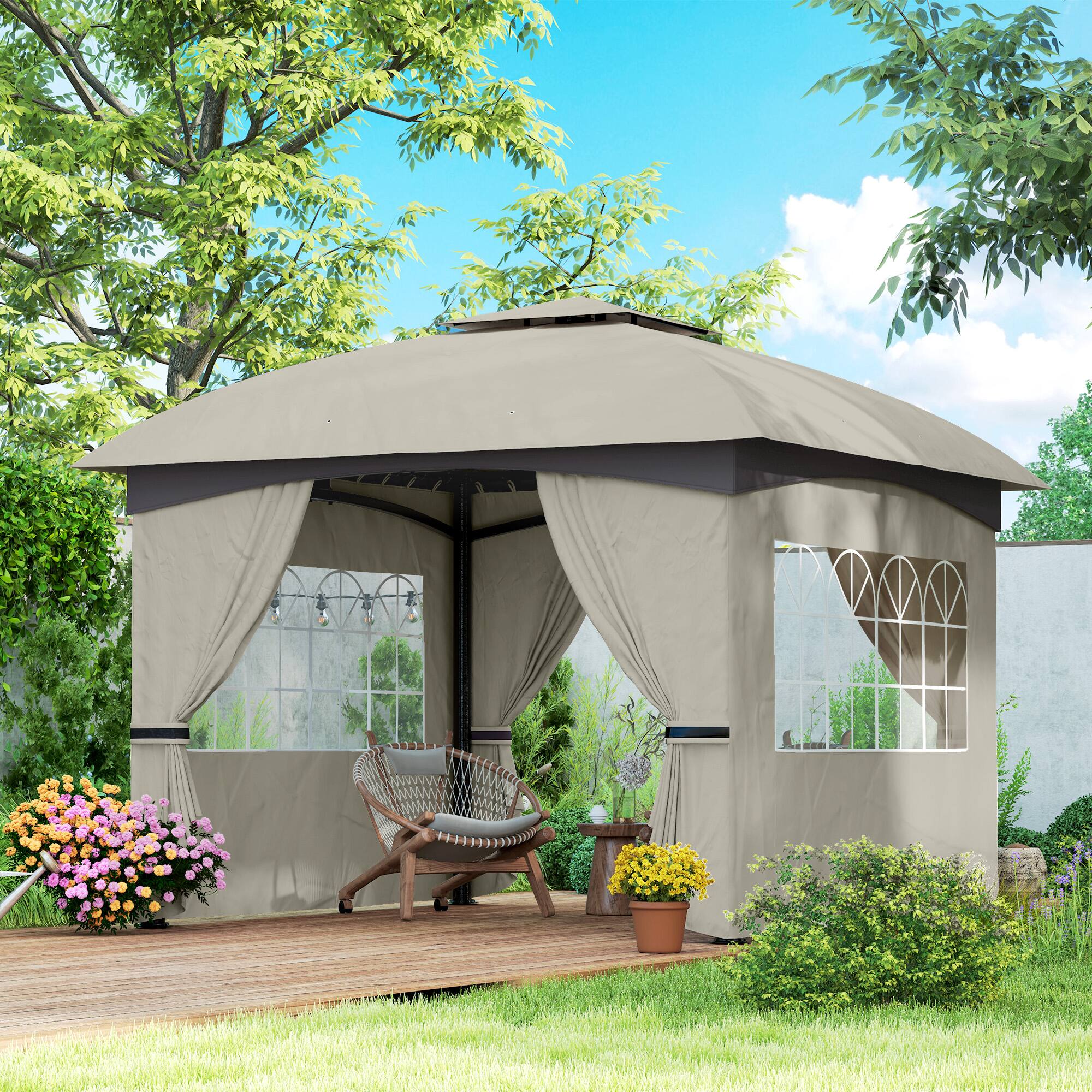 Angle. Outsunny -  11' x 11' Outdoor Gazebo, Arc Patio Gazebo Canopy Shelter, UV Protected, with Curtains, Church Windows - Light Gray.