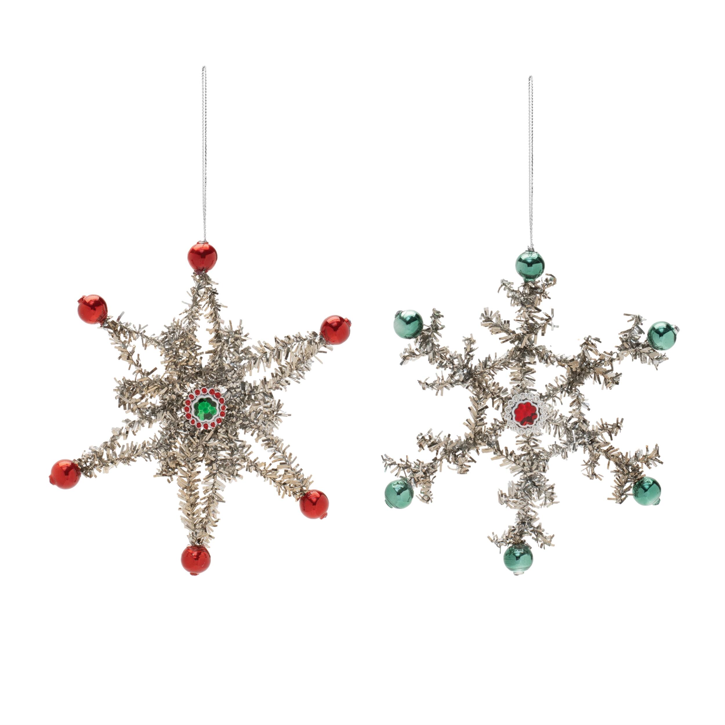 Angle. BreeBe - Jeweled Tinsel Snowflake Ornament (Set of 12) - Silver, Green, Red.