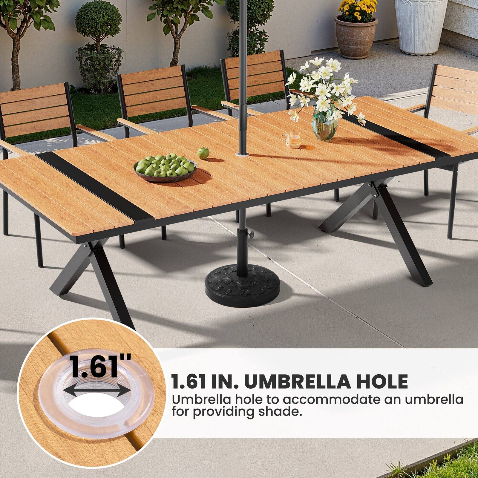 1.61 IN. UMBRELLA HOLE  
Umbrella hole to accommodate an umbrella for providing shade.