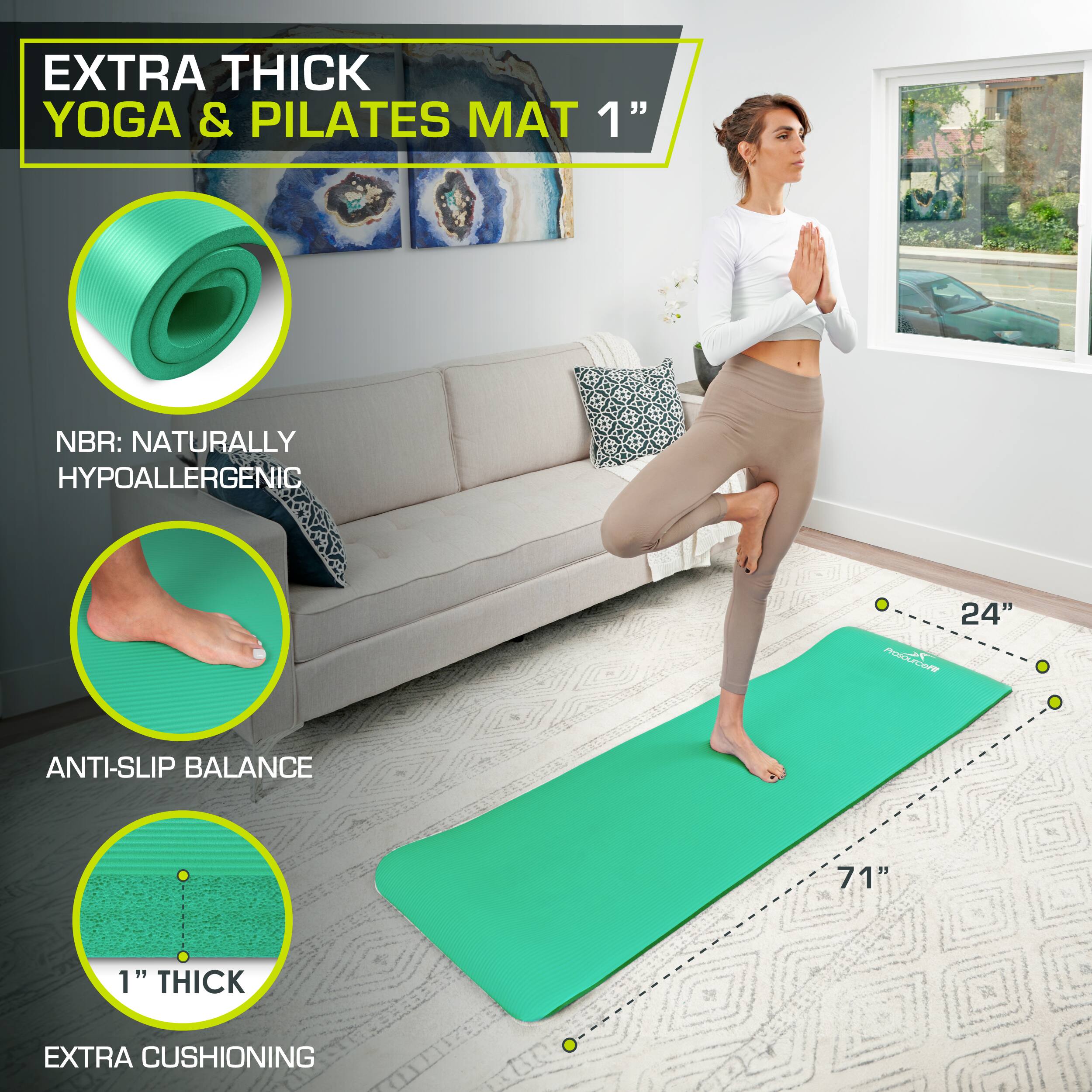 EXTRA THICK YOGA & PILATES MAT 1" NBR: NATURALLY HYPOALLERGENIC 24" ANTI-SLIP BALANCE 71" 1" THICK EXTRA CUSHIONING