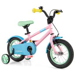 Costway - 12" Kids Bike with Adjustable Saddle Handlebar Removable Training Wheels Handbrake - Pink