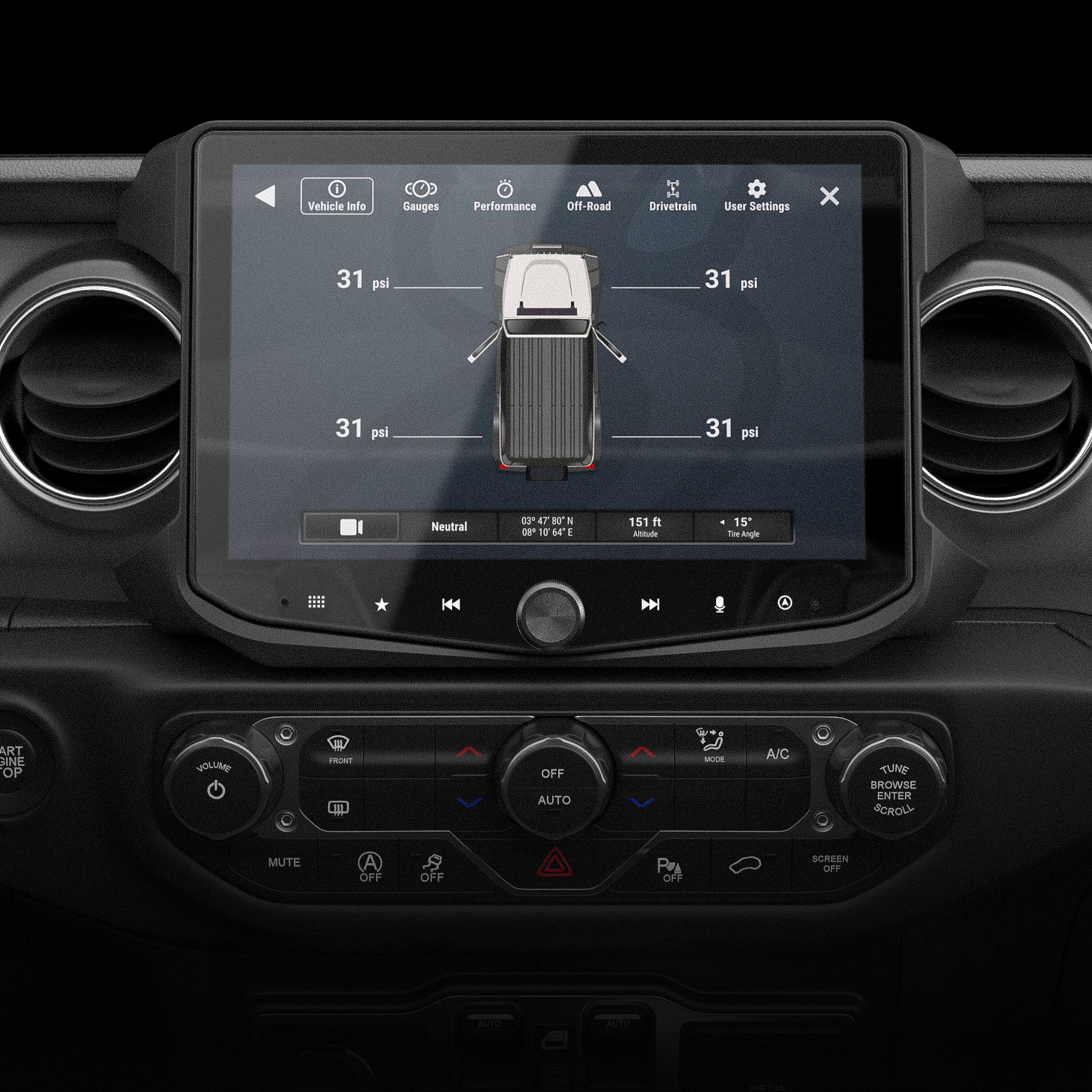 The text on the image is grouped and corrected as follows:
1. Vehicle Info:
- Gauges:
- Performance:
- Off-Road:
- Drivetrain:
- User Settings:
2. 31 psi 31 psi 31 psi 31 psi
3. Neutral SP ET 80 F 0 10 de 1 151 it Ammtute 15 TH sina D ART INE OP VOLLAG F OFF AUTO MODE A/C TUNE BROWSE ENTER SCROLL MUTE A OFF OFF P OFF SCREEN OFF
