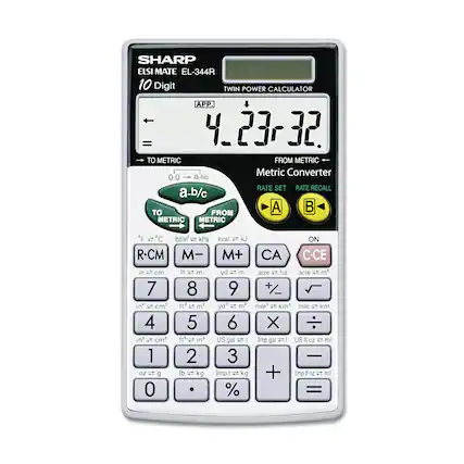SHARP EL-SI MATE EL-344R
10 Digit TWIN POWER CALCULATOR
APP.
TO METRIC
FROM METRIC
Metric Converter
0.0 → a-b/c
a-b/c
RATE SET
RATE RECALL
A
B
°F = °C
lb/in² = kPa
kcal = kJ
R-CM
M-
M+
CA
ON
C-CE
in = cm
ft = m
yd = m
in² = cm²
ft² = m²
yd² = m²
oz = g
lb = kg
Imp. t = kg
US gal = l
Imp. gal = l
US fl oz = ml
Imp. fl oz = ml
acre = ha
acre = m²
mile = km
mile² = km²
mile = km
7
8
9
4
5
6
1
2
3
0
.
%
+
-
×
÷
=
TO METRIC
FROM METRIC