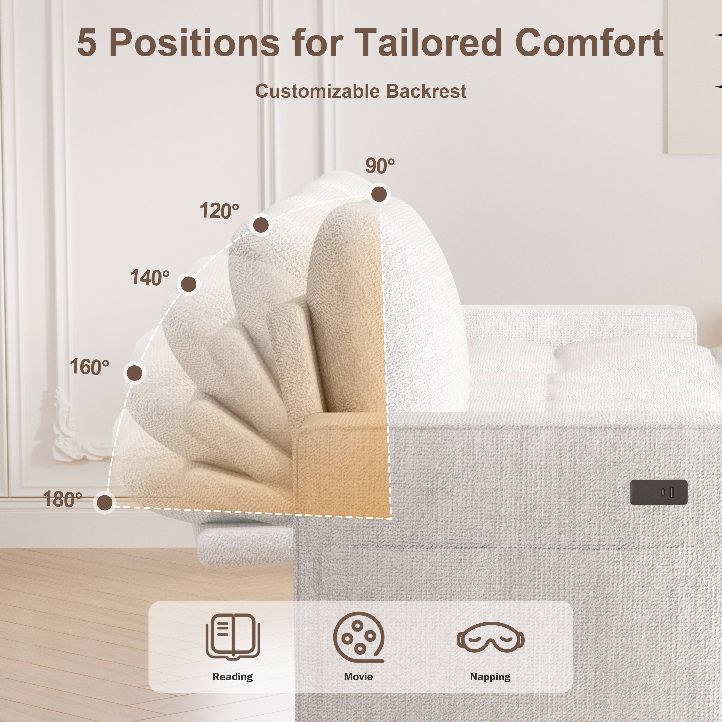 Left. Dyonery - 105" U Shaped Couch Sleeper Sofa, Pull Out Couch with Reclining Backrest, Reversible Storage Chaise, USB Ports - Beige.