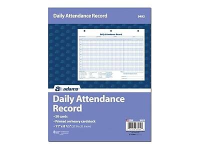 Daily Attendance Record  
9493  

Daily Attendance Record  
50 cards  
Printed on heavy cardstock  
11" x 8 1/2" (27.9 x 21.6 cm)  

adams