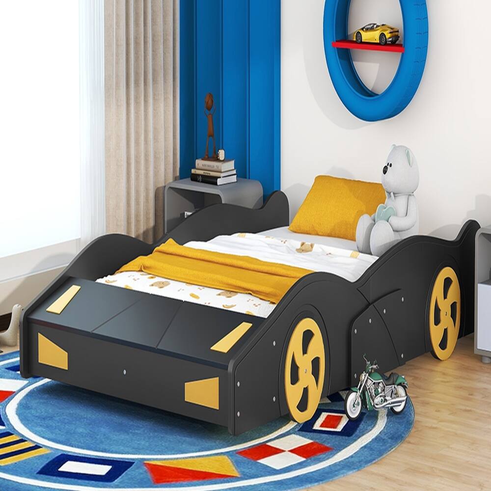 Back. Loheer - Loheer Full Size Race Car Bed with Storage, Black Yellow Car Shaped Platform Bed - Black+Yellow.