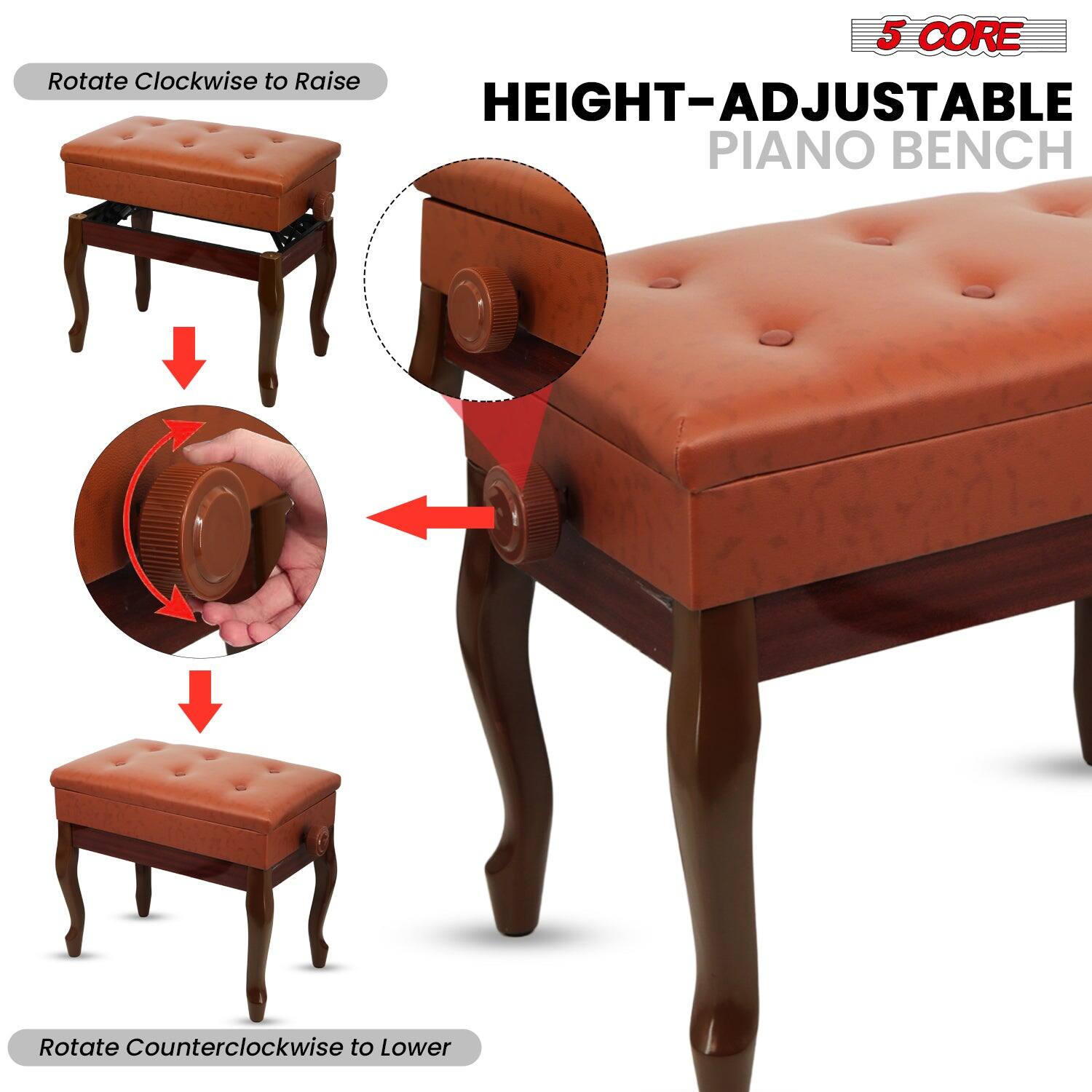 5 CORE, HEIGHT-ADJUSTABLE PIANO BENCH, Rotate Clockwise to Raise, Rotate Counterclockwise to Lower