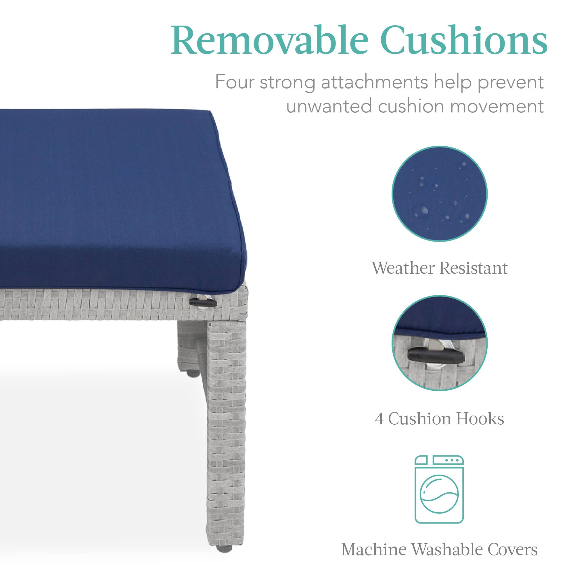 Removable Cushions  
Four strong attachments help prevent unwanted cushion movement  

Weather Resistant  

4 Cushion Hooks  

Machine Washable Covers