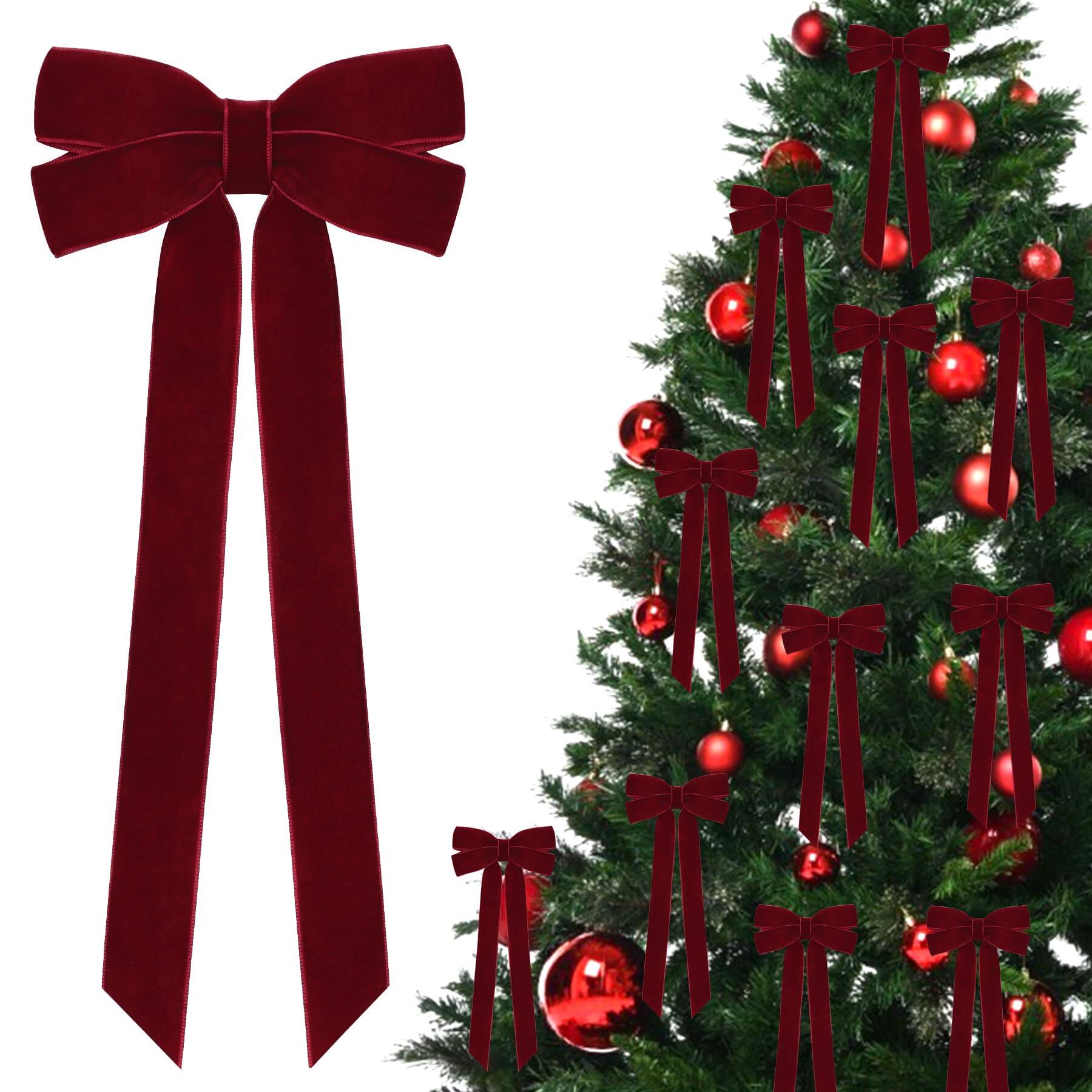 Front. PARKER SLATER - 12pcs Burgundy Ribbon Bows Christmas Tree Decorations 5in X 10in Xmas Ornaments For Home Party Front Door Wreath - Burgundy.
