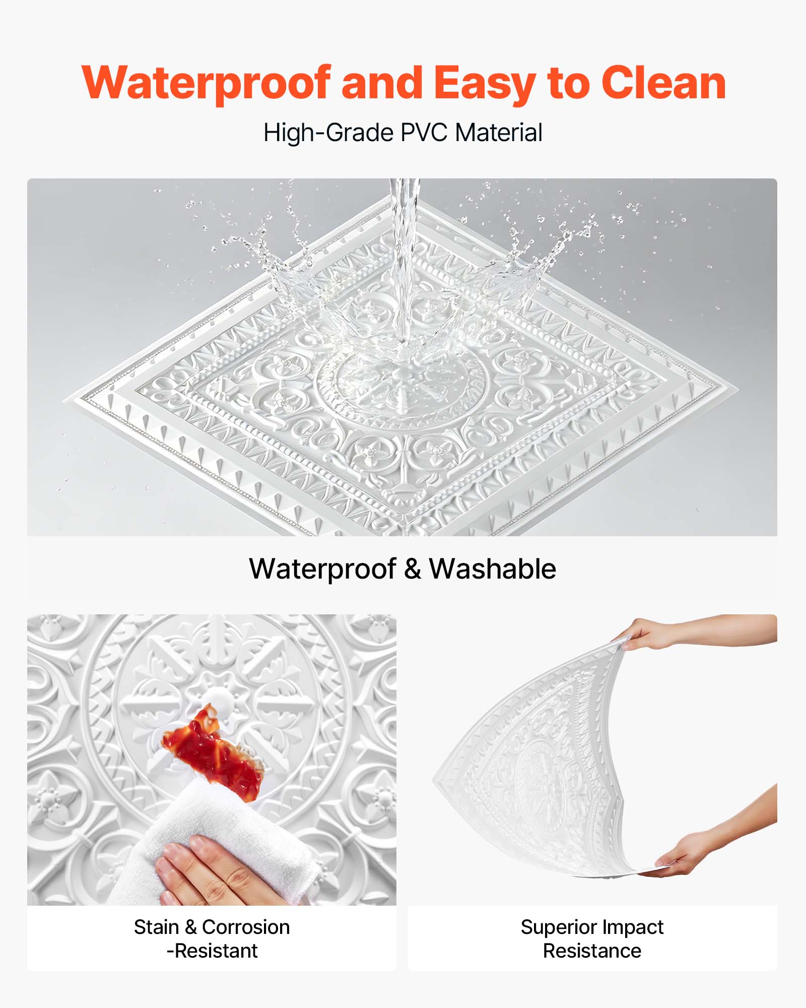 Waterproof and Easy to Clean  
High-Grade PVC Material  
Waterproof & Washable  
Stain & Corrosion-Resistant  
Superior Impact Resistance