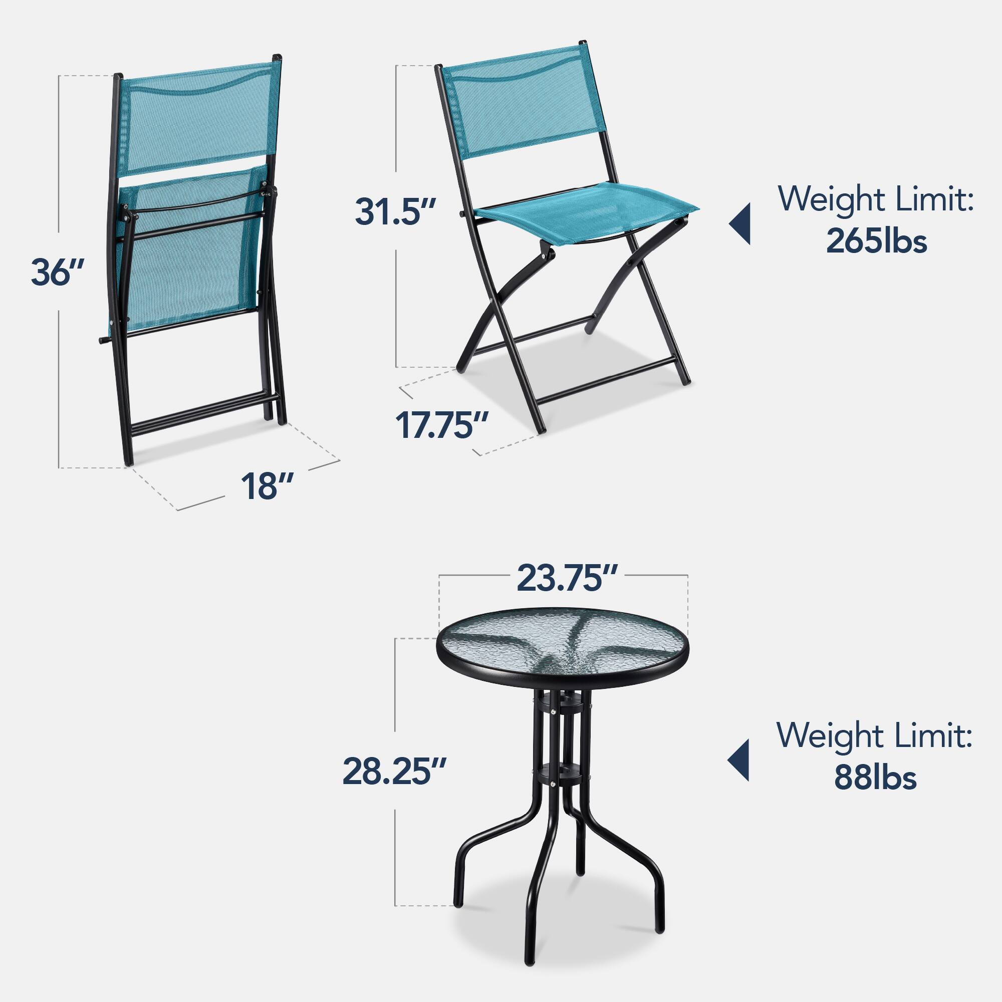- 36" (height)
- 31.5" (seat height)
- 17.75" (seat width)
- 18" (seat depth)
- 23.75" (table diameter)
- 28.25" (table height)

Weight Limit:
- Chair: 265lbs
- Table: 88lbs
