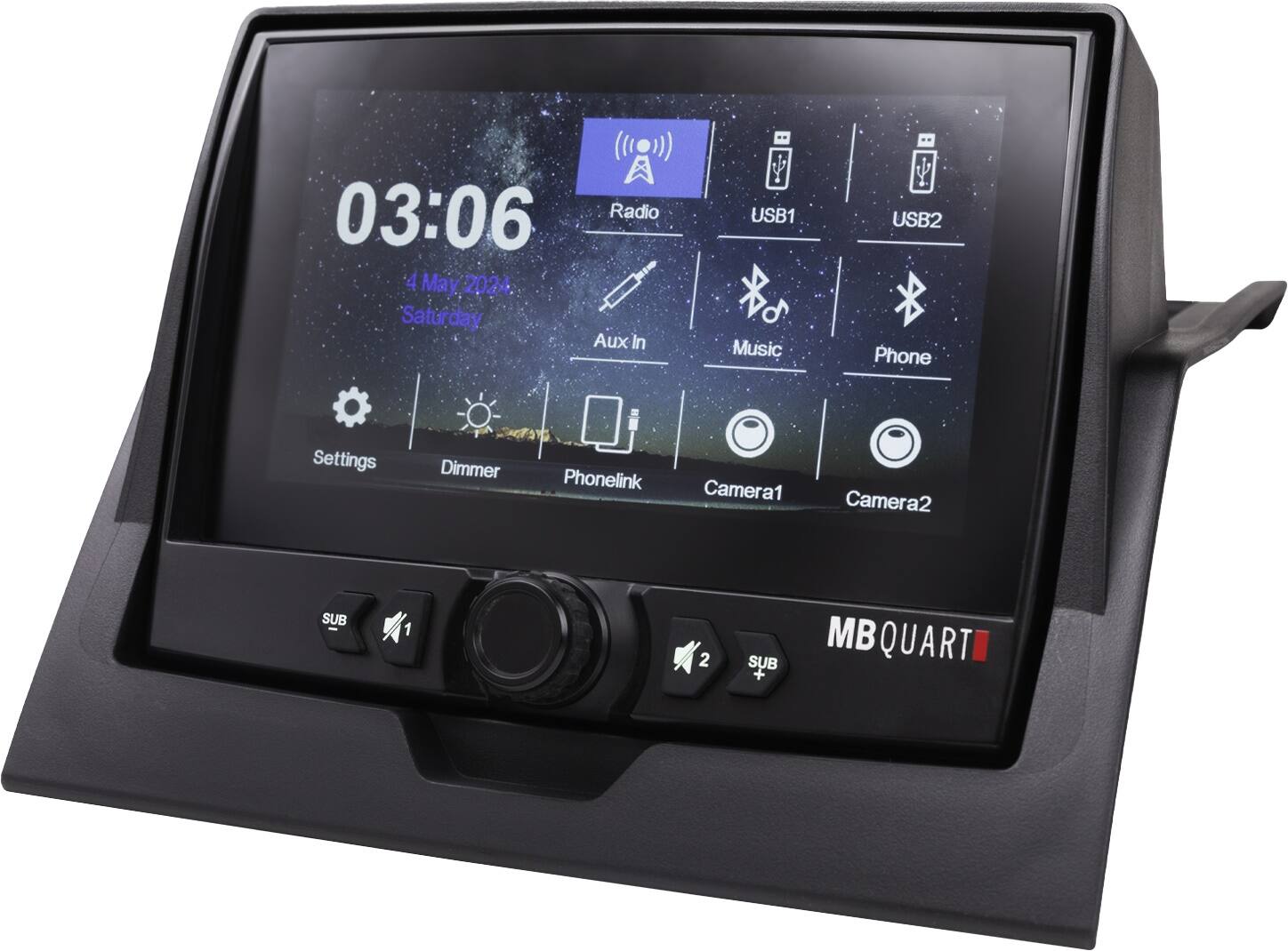 03:06 Radio 4 May 2024 Saturday Aux In USB1 Music USB2 Phone Settings Dimmer Phonelink Camera1 Camera2 SUB 1 2 SUB + MB BQUART