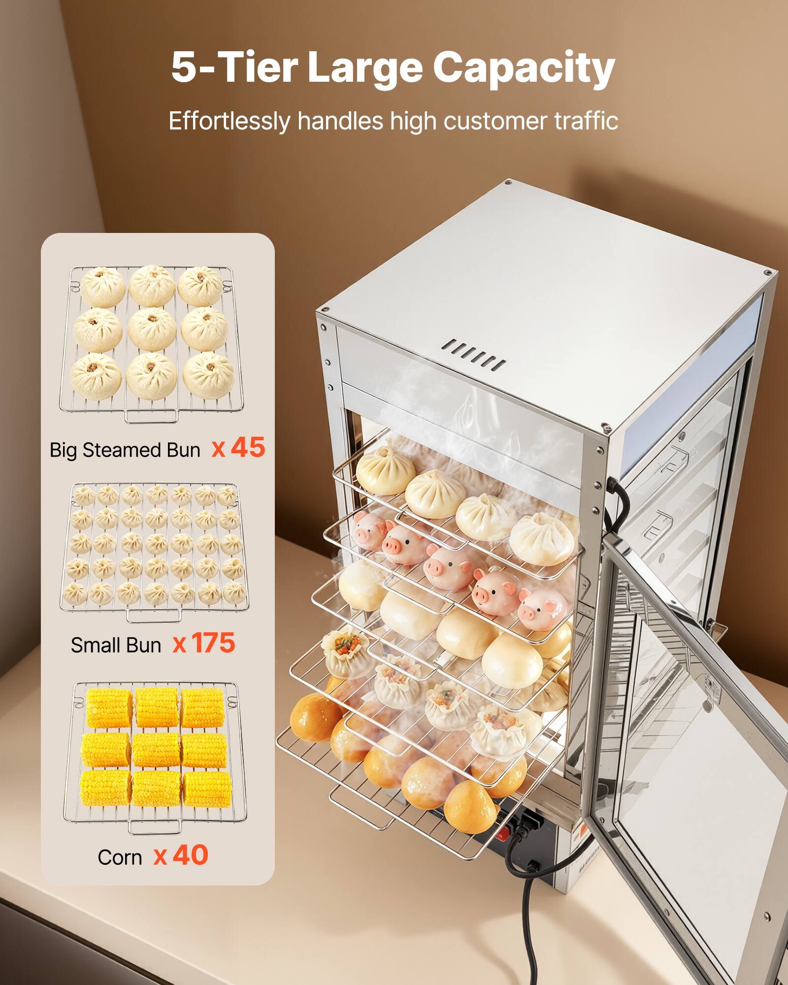 5-Tier Large Capacity  
Effortlessly handles high customer traffic  

Big Steamed Bun x 45  
Small Bun x 175  
Corn x 40