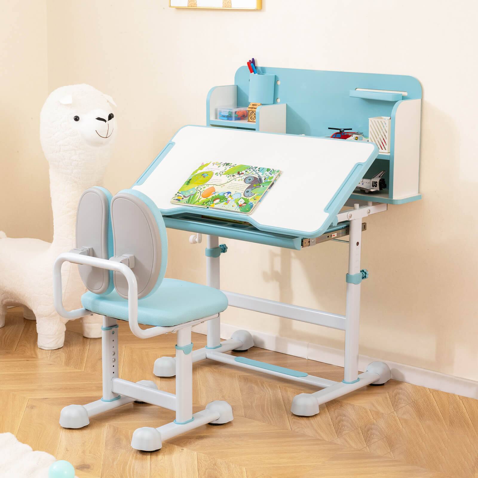 Alt View 3. Costway - Costway Kid's Study Desk & Chair Set with Tilt Desktop, Pen Holder & Tray, Reading Stand - Blue.