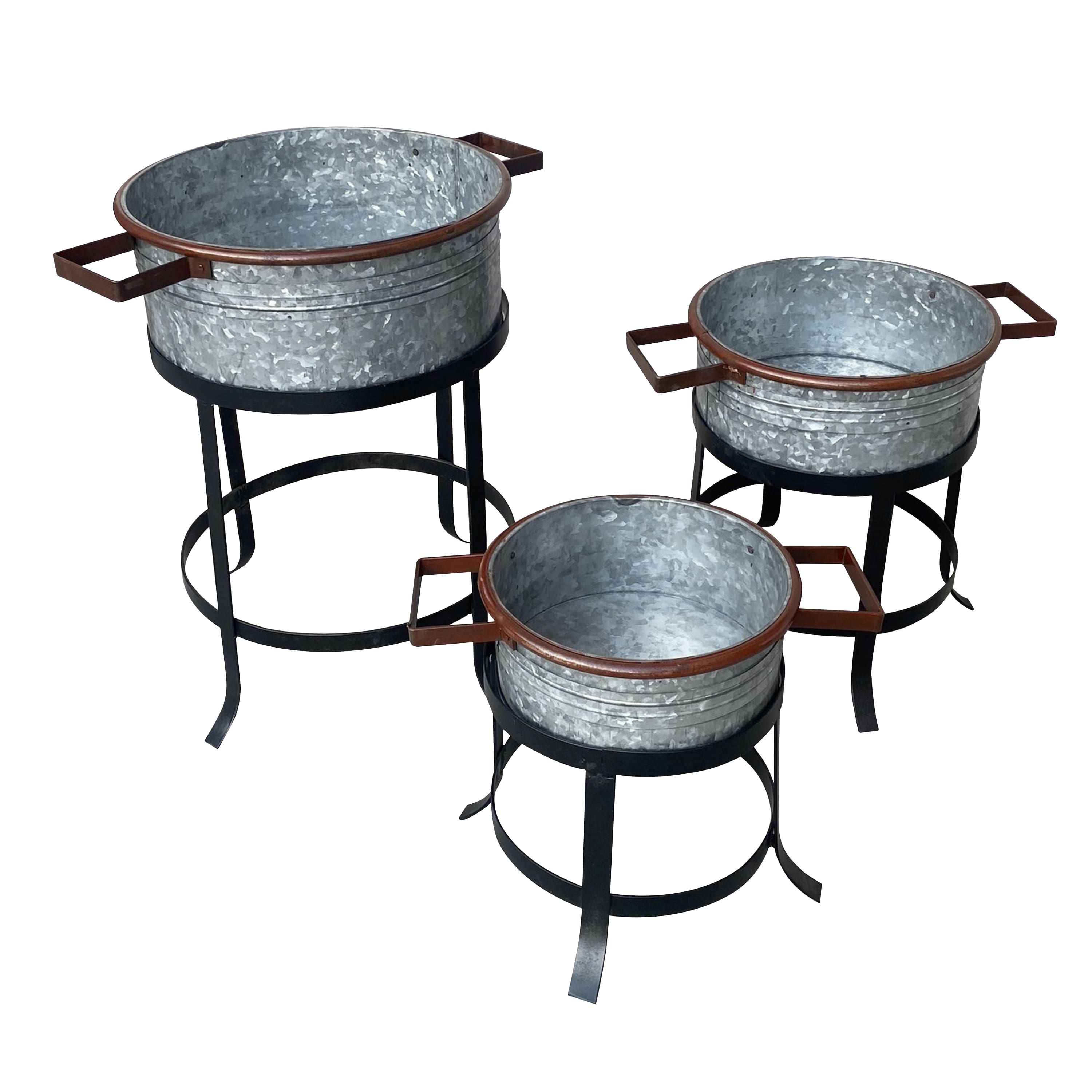 Front. Manhattan Lane - 21, 18, and 16 Inch 3 Piece Round Tub Metal Planter Set with Stand in Galvanized Gray and Black Iron - Gray and Black.