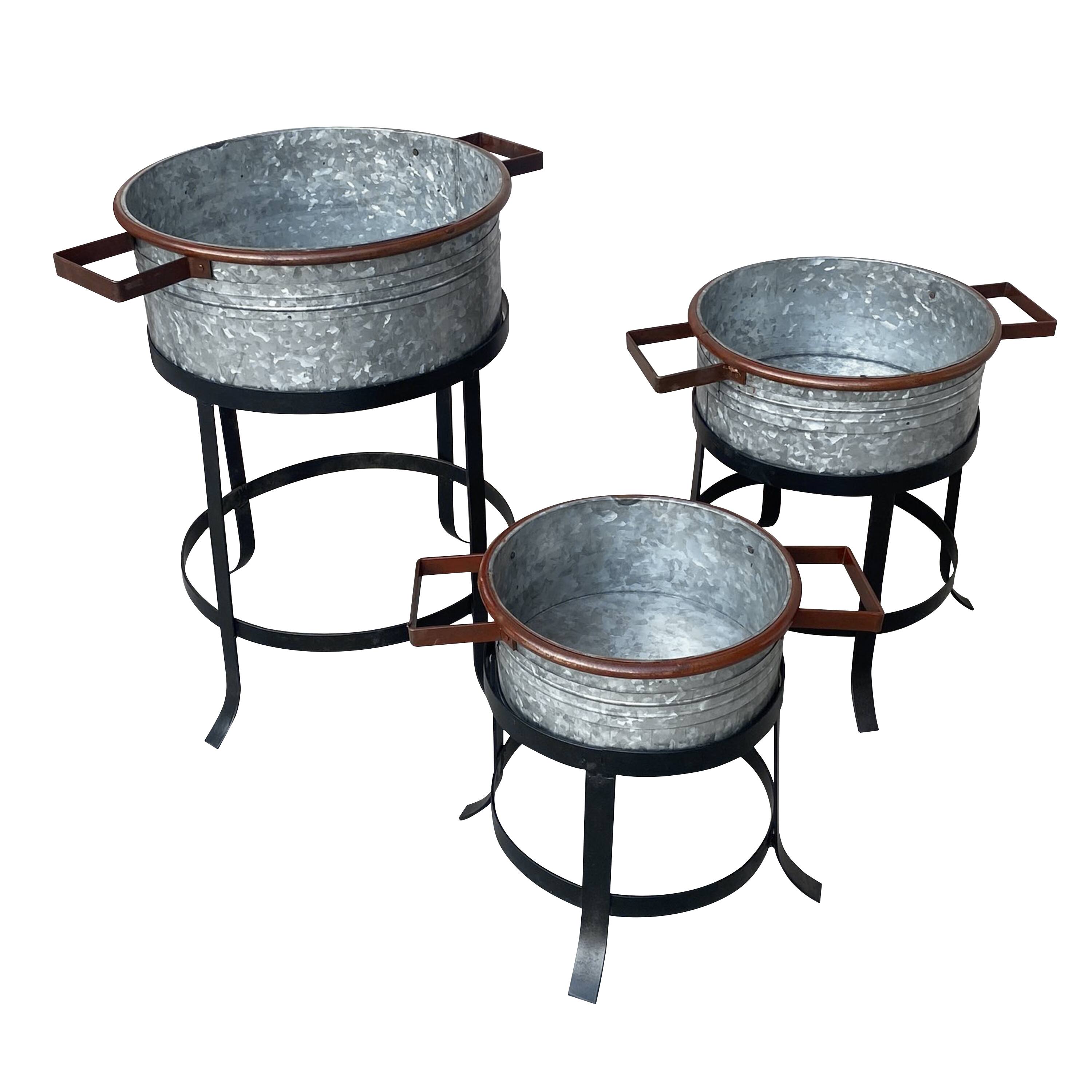 Front. Manhattan Lane - 21, 18, and 16 Inch 3 Piece Round Tub Metal Planter Set with Stand in Galvanized Gray and Black Iron - Gray and Black.