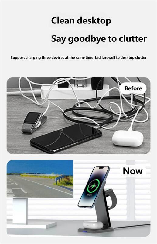 Clean desktop  
Say goodbye to clutter  

Support charging three devices at the same time, bid farewell to desktop clutter  

Before  

Now