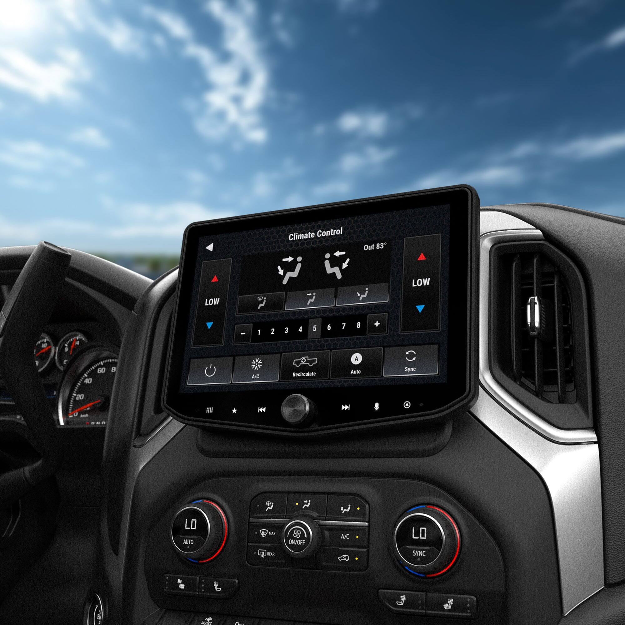 Climate Control  
Out 83°  
LOW  
1 2 3 4 5 6 7 8  
+ -  
4 40 60  
A/C Recirculate  
A Auto Sync  
20  
LO  
ON/OFF  
A/C  
LO SYNC