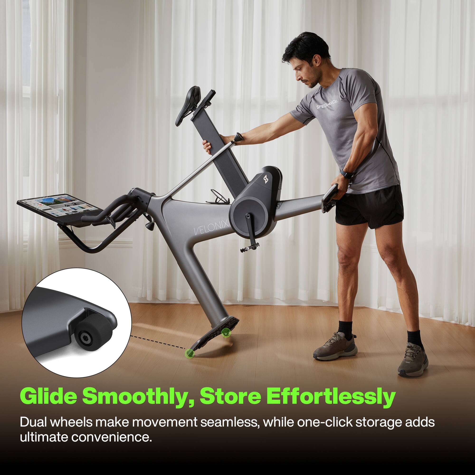 Glide Smoothly, Store Effortlessly  
Dual wheels make movement seamless, while one-click storage adds ultimate convenience.