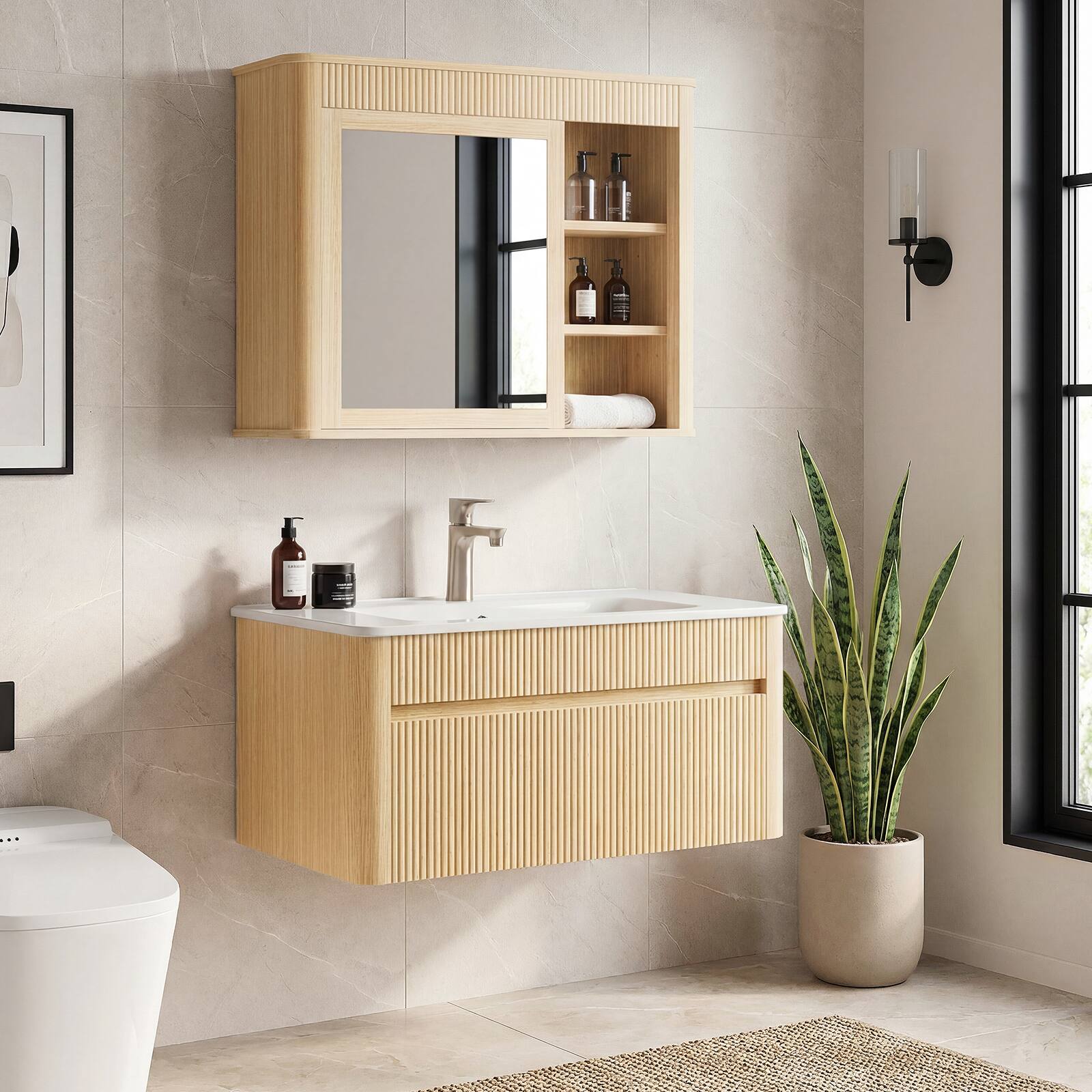 Back. ModernMate - 30" Single Wall-Mounted Bathroom Vanity Set with Mirror Cabinet, Soft-Close Doors, Solid Wood Legs - Natural Oak.