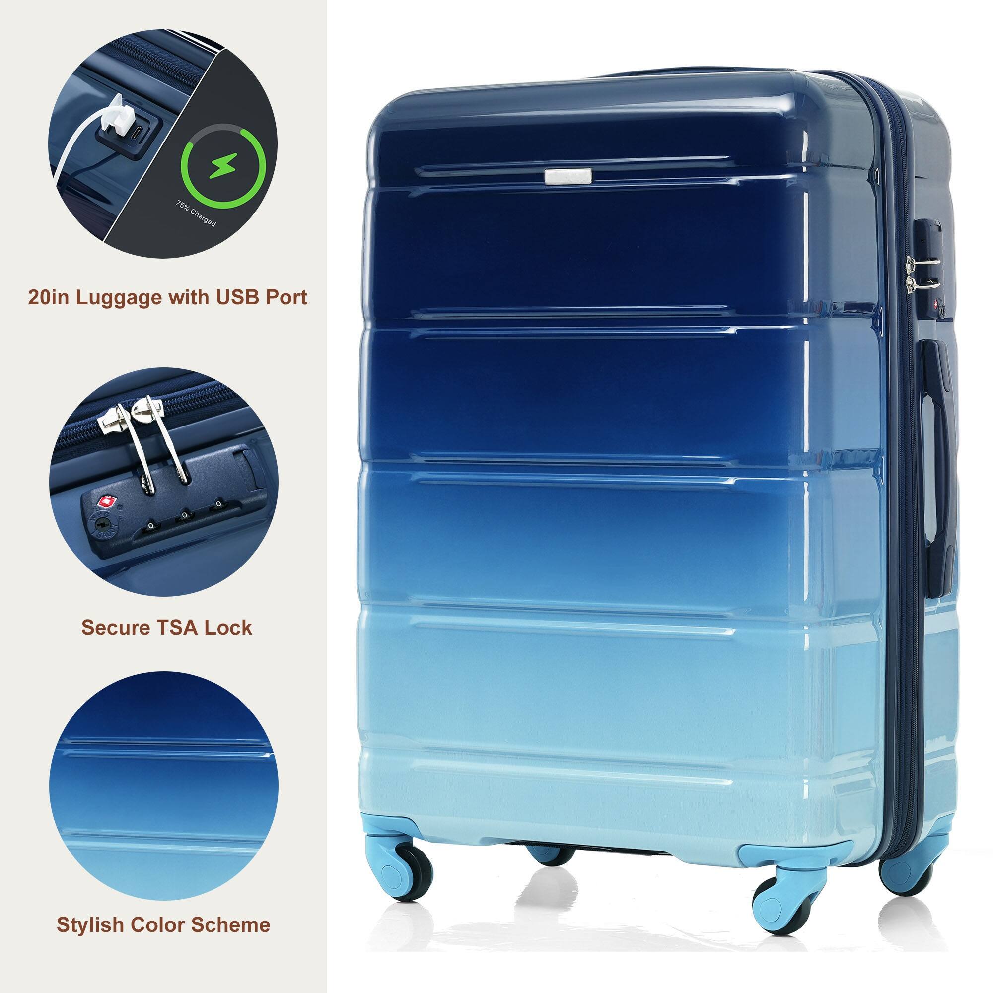 20in Luggage with USB Port  
Secure TSA Lock  
Stylish Color Scheme