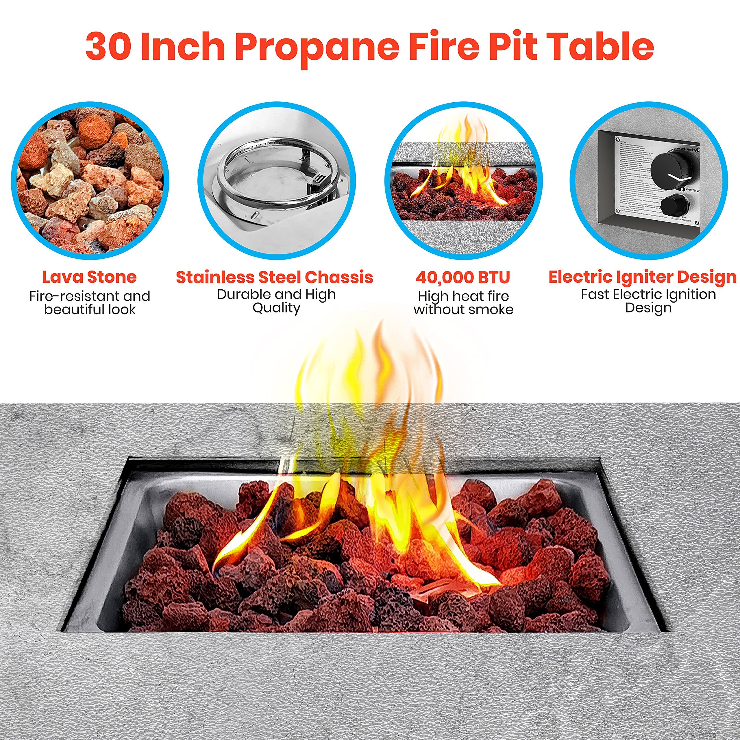30 Inch Propane Fire Pit Table

- Lava Stone: Fire-resistant and beautiful look
- Stainless Steel Chassis: Durable and High Quality
- 40,000 BTU: High heat fire without smoke
- Electric Igniter Design: Fast Electric Ignition Design