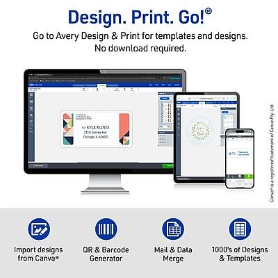 Design. Print. Go!®  
Go to Avery Design & Print for templates and designs. No download required.

10 KYL KLINTS  
2124 Carvey Ave  
Chicago, IL 60605

Es PIT Pty  
Canva® trademark registered - Canva®

Import designs from Canva®  
QR & Barcode Generator  
Mail & Data Merge  
1000's of Designs & Templates
