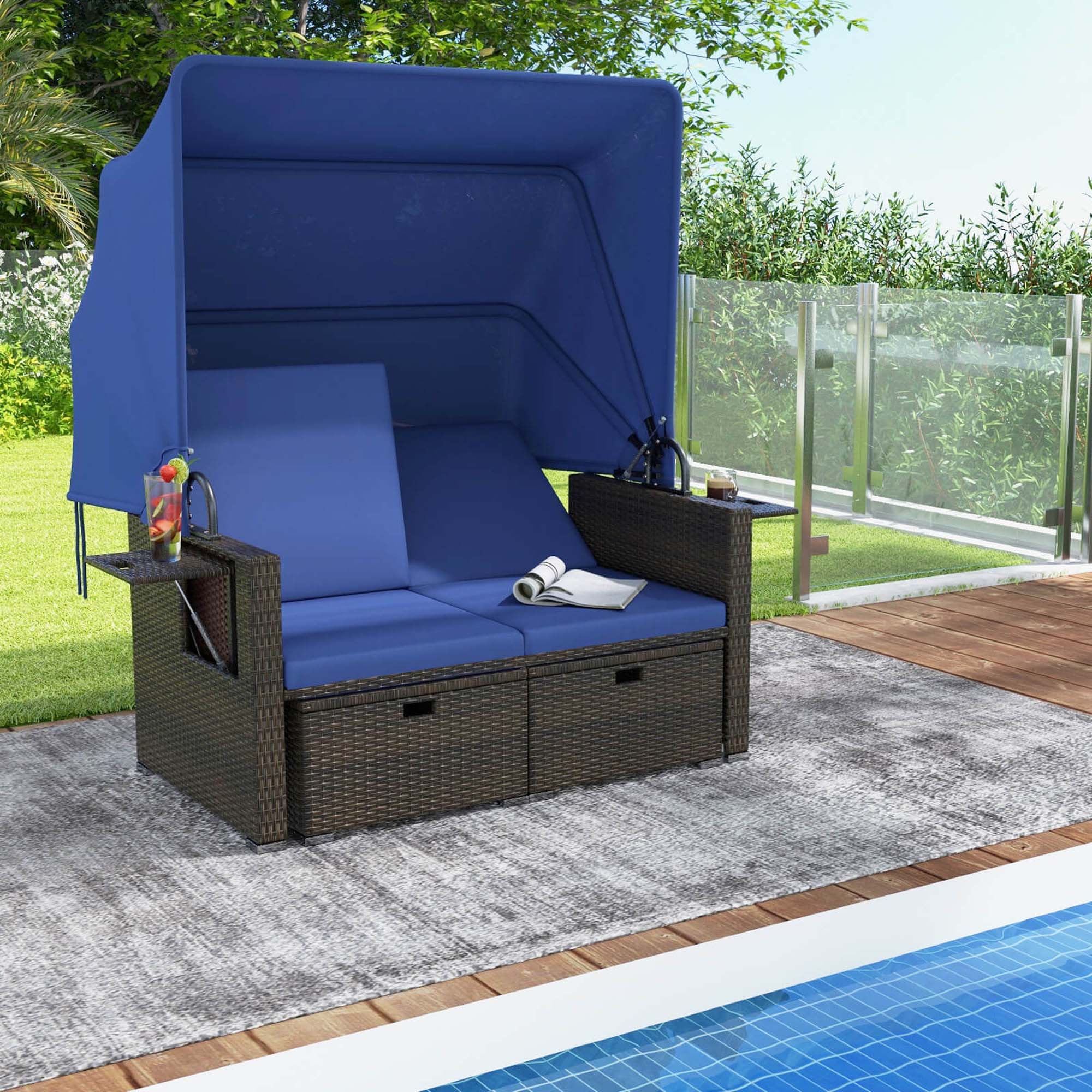 Alt View 1. Costway - Outdoor Patio Rattan Daybed with Retractable Canopy & Adjustable Backrests - Blue.