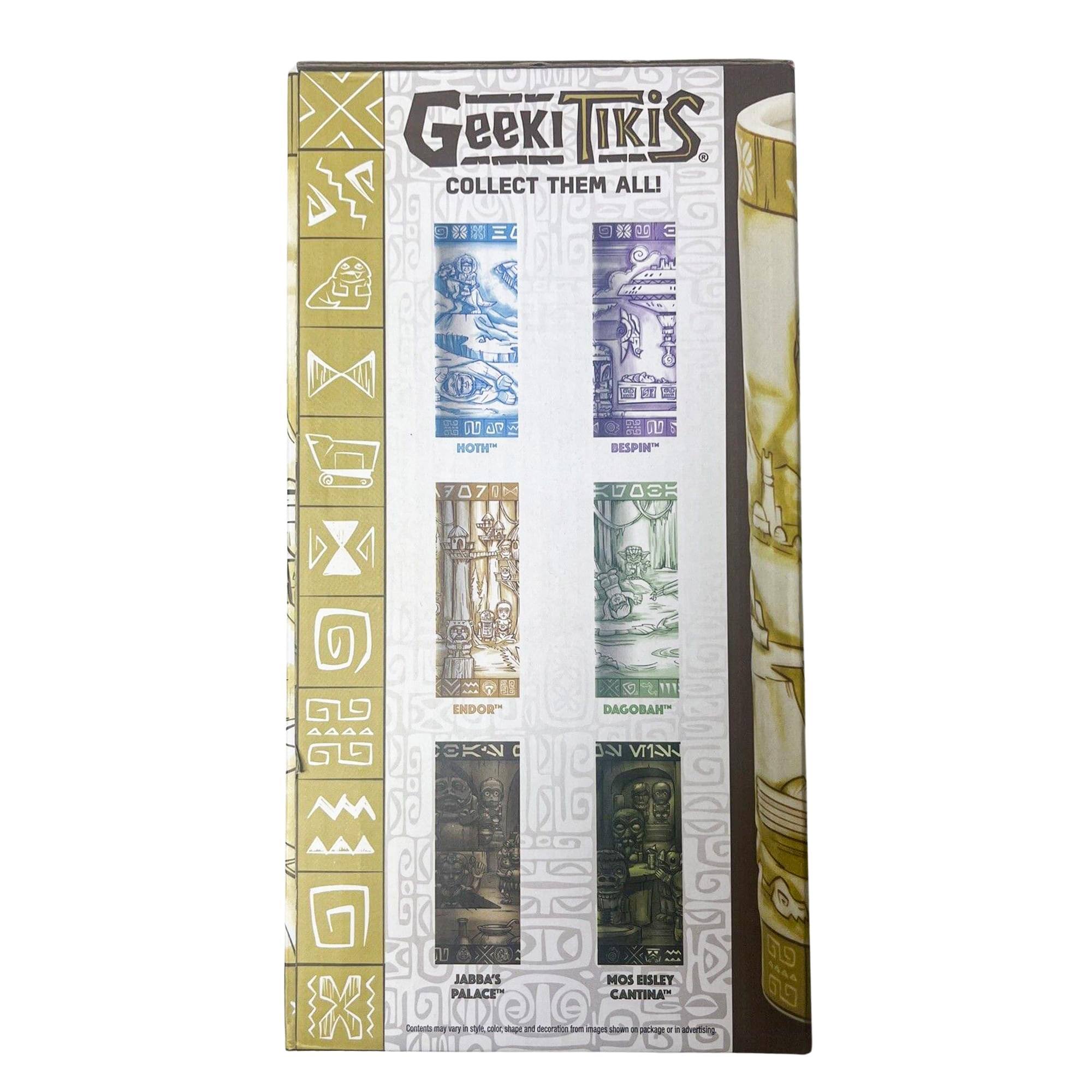 Geek Tikis  
Collect Them All!  

- Hoth  
- Bespin  
- Endor  
- Dagobah  
- Jabba's Palace  
- Mos Eisley Cantina  

Note: The text "dC JR" and "0 BESPIM 7079 X032" appear to be part of the packaging design and are not meant to be grouped or corrected.