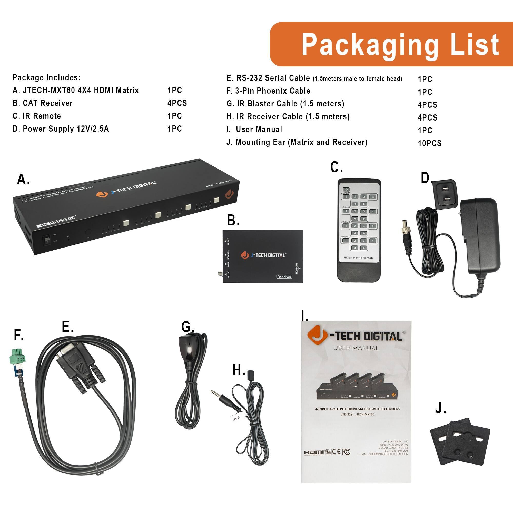 **Packaging List**

**Package Includes:**

- **A.** JTECH-MXT60 4X4 HDMI Matrix  
  1PC

- **B.** CAT Receiver  
  4PCS

- **C.** IR Remote  
  1PC

- **D.** Power Supply 12V/2.5A  
  1PC

- **E.** RS-232 Serial Cable (1.5 meters, male to female head)  
  1PC

- **F.** 3-Pin Phoenix Cable  
  1PC

- **G.** IR Blaster Cable (1.5 meters)  
  4PCS

- **H.** IR Receiver Cable (1.5 meters)  
  4PCS

- **I.** User Manual  
  1PC

- **J.** Mounting Ear (Matrix and Receiver)  
  10PCS

---

**A.** JTECH-MXT60 4X4 HDMI Matrix

**B.** CAT Receiver

**C.** IR Remote

**D.** Power Supply 12V/2.5A

**E.** RS