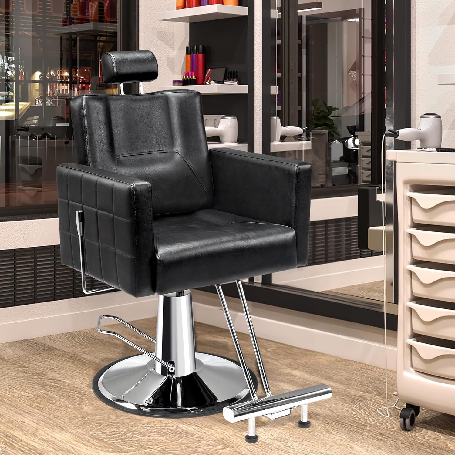 Angle. Winado - Professional Reclining Barber Chair Hydraulic Salon Chair with Memory Foam, Heavy Duty Steel Base, 135 Degree Recline - Black.