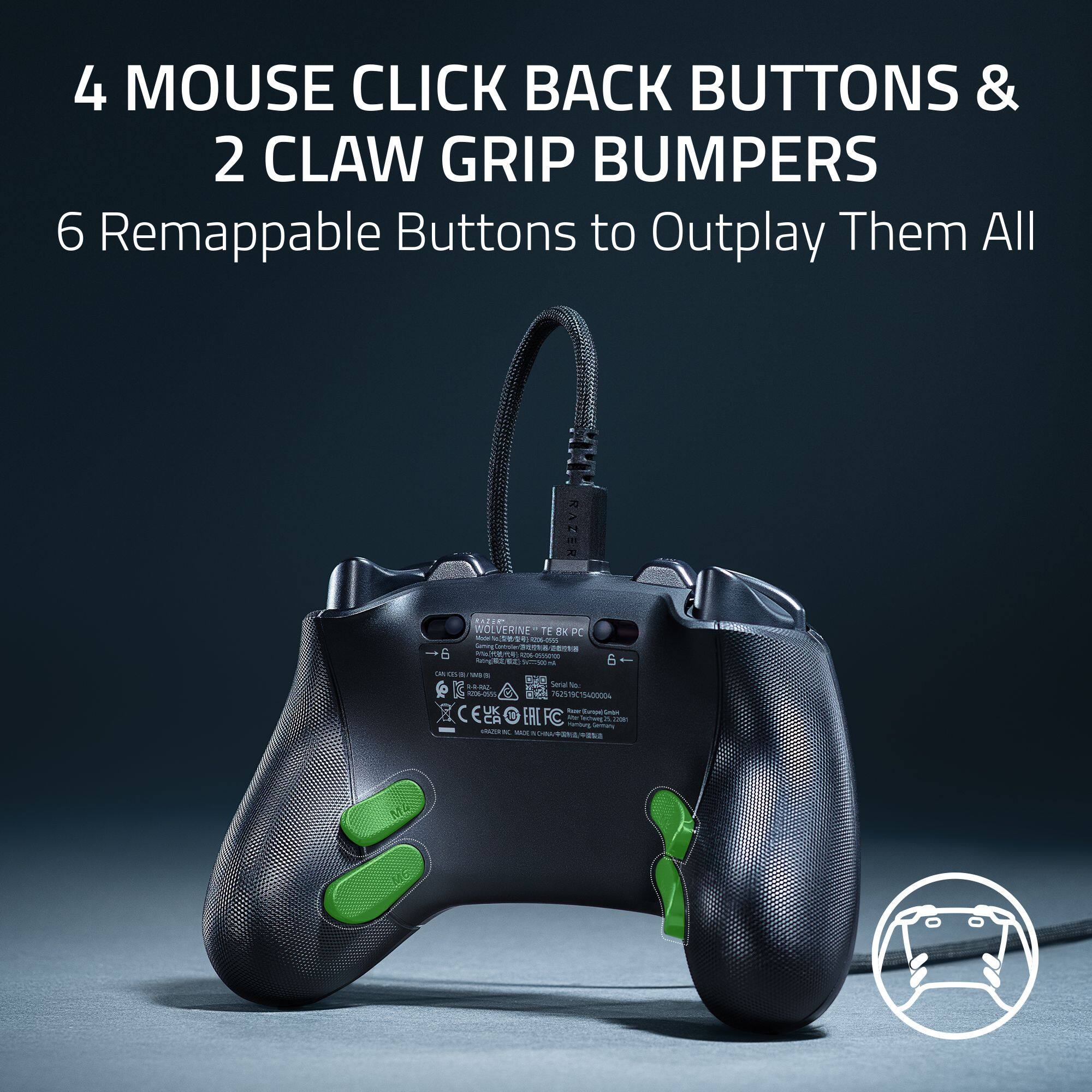 4 MOUSE CLICK BACK BUTTONS & 2 CLAW GRIP BUMPERS 6 Remappable Buttons to Outplay Them All RAZER WOLVERINE V2 PC