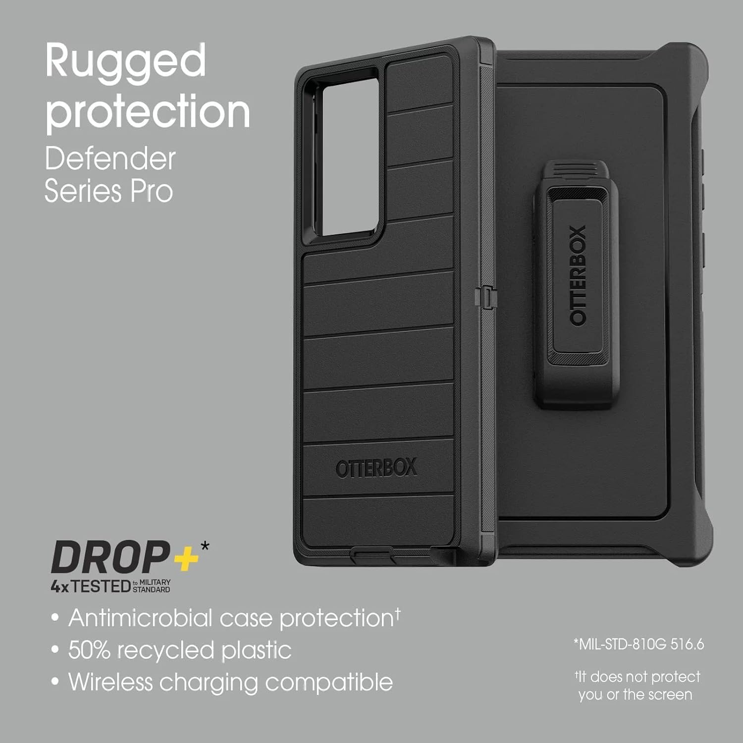 Rugged protection  
Defender Series Pro  

OTTERBOX  

DROP+  
4x TESTED MILITARY STANDARD  

- Antimicrobial case protection  
- 50% recycled plastic  
- Wireless charging compatible  

*MIL-STD-810G 516.6  
*It does not protect you or the screen