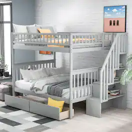 Loheer - Full Over Full Bunk Bed with Drawers, Pine Wood Bunk Bed with Storage and Ladder, 250lb Capacity - Gray