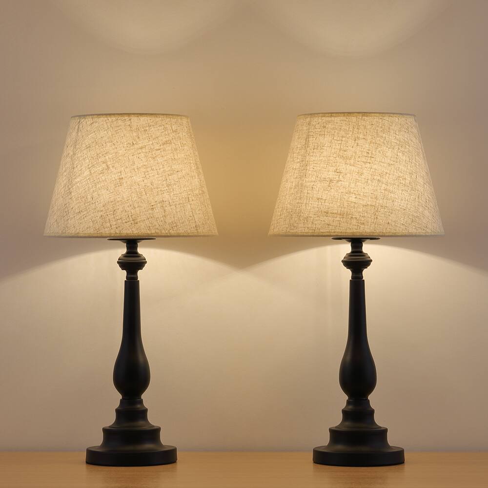 Back. Oumilen - Black Classic Table Lamp with Beige Fabric Shade, E26 Socket & UL Plug.