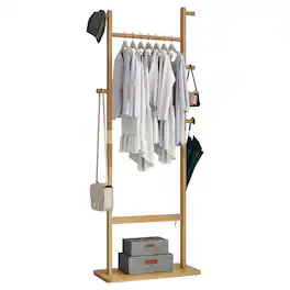 MERAVOM - Solid Wood Coat Rack, Freestanding Clothing Rack with 5 Hooks & Bottom Shelf, Coat Rack Stand for Entryway, Bedroom - Natural