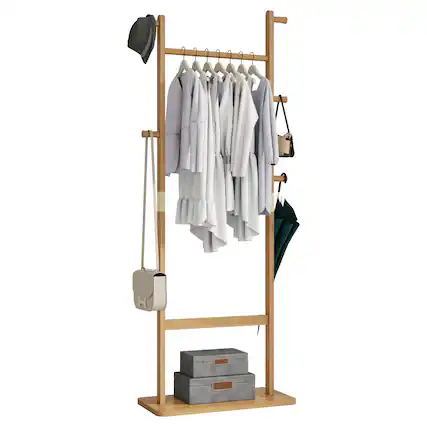 Front. MERAVOM - Solid Wood Coat Rack, Freestanding Clothing Rack with 5 Hooks & Bottom Shelf, Coat Rack Stand for Entryway, Bedroom - Natural.