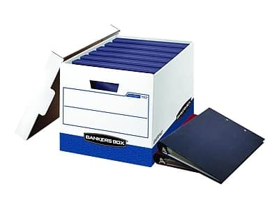 Bankers Box - Heavy-Duty FastFold Corrugated File Storage Boxes, Lift-Off Lid, Binder Size, White/Blue, 12/Carton - White and Blue price history on PriceWatchPro