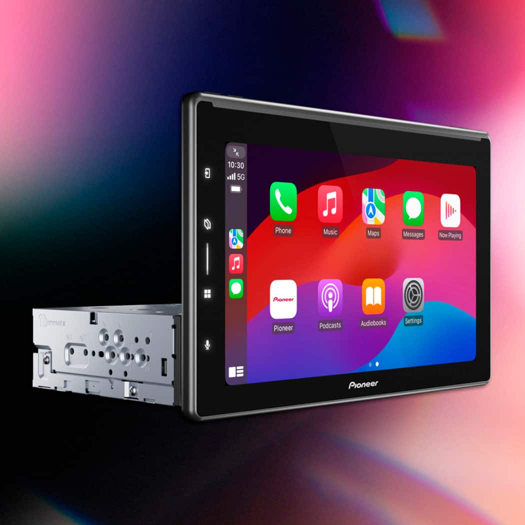 The image shows a Pioneer tablet with a screen displaying various apps, including Phone, Music, Maps, Messages, and Now Playing. The tablet is likely a 5G device, as it is described as a "5G phone." The screen is brightly lit, and the tablet is placed on a black background.